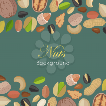 Nuts background concept vector in flat design. Walnut, cashew, pistachio, peanut, almond, sunflower, pumpkin, flax illustrations for wallpaper, polygraphy, textiles web page design surface textures