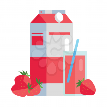 Strawberry juice vector illustration. Flat design. Paper pack with strawberries and glass full of juice. Ecological clean packaging concept for signboard, icons, logo or web design, infographics.