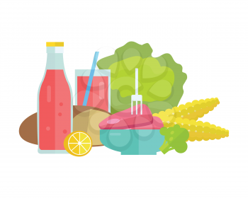 Group of food vector illustrations. Flat design. Collection of various food cabbage, corn, bread, lemon, broccoli, soda, meat on white background for diet, menus, signboards illustrating web design
