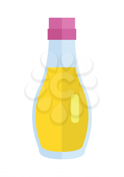 Bottle with oil vector. Flat design. Small jar filled vegetable oil.  Cooking base product. Sunflower, olive oil Illustration for icon, label, print, logo, menu design, food infographics. Isolated on 