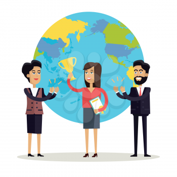 Happy woman with winner cup. Business man and woman in business suits congratulating winner on a background with planet. People clapping hand. Smiling young characters. Flat vector illustration.