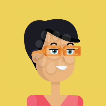 Businesswoman avatar icon isolated on yellow background. Woman in glasses with black hair. Smiling young girl personage. Flat design vector illustration