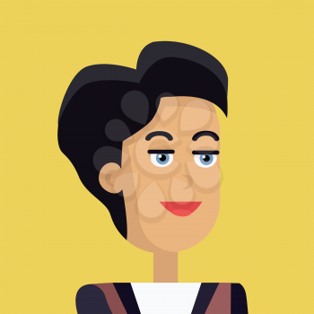 Businesswoman avatar icon isolated on yellow background. Woman with black hair. Smiling young girl personage. Flat design vector illustration