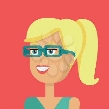 Businesswoman avatar icon isolated on red background. Woman in glasses with yellow hair. Smiling young girl personage. Flat design vector illustration