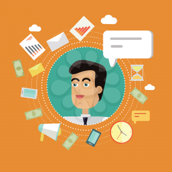 Creative office background. Businessman icon with bubble. Avatars of men with devices for communication. Smiling young man personage in flat on orange background. Vector illustration.