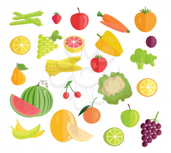 Set of fruits vegetables vector. Flat design. Carrot, pear, apple, cabbage, lemon, grapes corn potatoes banana orange cherry, watermelon grapefruit corn pepper plum, asparagus, strawberries
