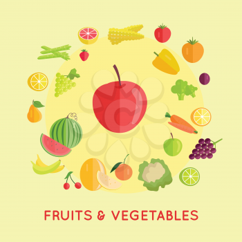 Set of fruits and vegetables vectors. Flat design. Healthy food concept. Vegetarian products. Big collection of edible plants pictures for organic farming, food trade, diet services illustrating.