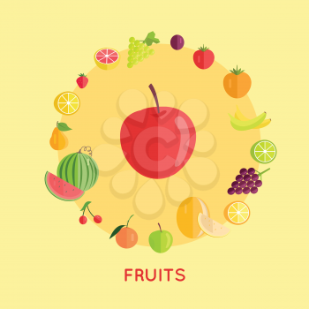 Set of fruits vector. Flat design. Apple, watermelon, cherry, bananas, lemon. plum, grape, strawberry, plum, melon orange illustrations for farm shop diet banners and icons Isolated on yellow