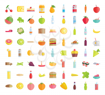 Set of food concepts. Fruits, vegetables, meat, sweets, beverages, bread, pizza salads sandwich honey egg sauce milk products for farm, grocery shop food delivery, cafe icon, menu illustrating.