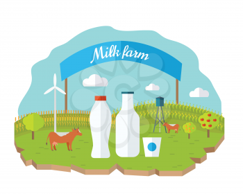 Milk farm concept banner vector flat design. Organic farming, traditional products. Clean naturally produced food. Bottle and glass of milk with animals, fields, garden, banner on background.