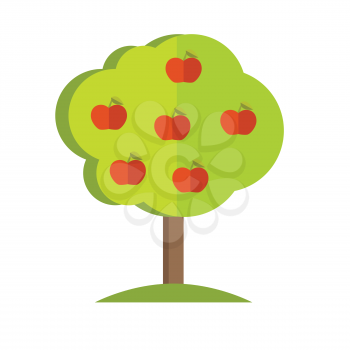 Apple tree with fruits icon. Vector illustration in flat style design. Plant pattern for environment, gardening, farming, business growing concepts. Isolated on white background. 
