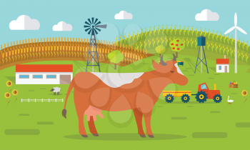 Farmyard vector illustration. Flat design. Cow standing against the farm landscape, tractor, cow, fields on background. Organic farming concept. Traditional agriculture. Modern ecological farm.