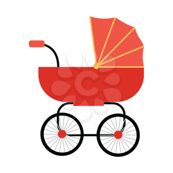 Classic red baby carriage vector in flat style. Newborn happiness concept for parents party, baby shower invitation card. Child transportation and family walks illustration. On white background.