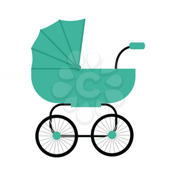Classic green baby carriage vector in flat style. Newborn happiness concept for parents party, baby shower invitation card. Child transportation and family walks illustration. On white background.