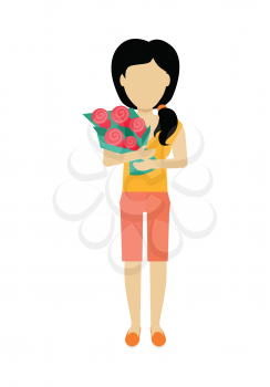 Female character without face with flowers vector in flat design. Woman template personage figure illustration for dating services, womens holiday, birthday concepts, logos. Isolated on white.