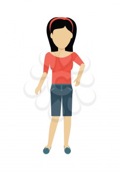 Female character without face in red blouse and shorts vector in flat design. Woman template personage illustration for summer concepts, fashion app, logos, infographic. Isolated on white background.