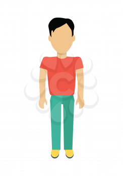 Male character without face in red t-shirt vector in flat design. Man template personage figure illustration for concepts, mobile app pictogram, logos, infographic. Isolated on white background.