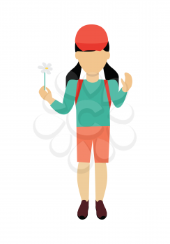 Child character without face in jeans and cap vector in flat design. Girl template personage illustration for summer, travel concepts, fashion app, logos, infographic. Isolated on white background.