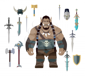 Orc with different weapons. Set of warrior with different weapons and armors. Game set. Stylized fantasy character. Game object in flat design isolated on white background. Vector illustration.