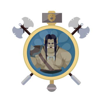 Orc with axes, isolated avatar icon. Orc warrior with black hair and armors. Stylized fantasy characters. Game object in flat design isolated on white background. Vector illustration.