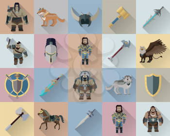 Game set of fantasy warriors. Mythical monsters and people with different weapons and armors. Stylized fantasy characters. Game objects in flat design isolated. Vector illustration.
