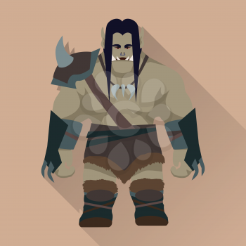 Game object of orc. Orc warrior with black hair and armors in front. Stylized fantasy characters. Game object in flat design. Vector illustration.
