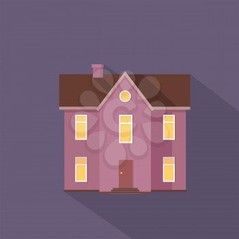 Two stored country house isolated. Exterior home icon symbol sign. Colorful residential cottage in violet colors. Part of series of modern buildings in flat design style. Real estate concept. Vector