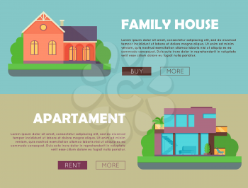 Family house, apartment advertising flyer poster banner. Ad cover leaflet. Countryside or city architecture. Part of series of modern buildings in flat design style. Real estate concept. Vector