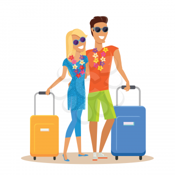 Couple traveling together during summer vacation vector in flat design. Honeymoon in exotic countries concept. Young man and woman with necklace of flowers embracing and holding suitcases. Isolated.