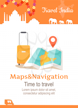 Travel India conceptual poster in flat style design. Summer vacation in exotic countries illustration. Journey to India vector template. Maps and navigation in a foreign country concept.