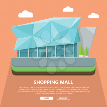 Shopping mall web page template with text more and contact. Flat design. Commercial building concept illustration for web design, banners. Shop, shopping center, mall, supermarket, business center