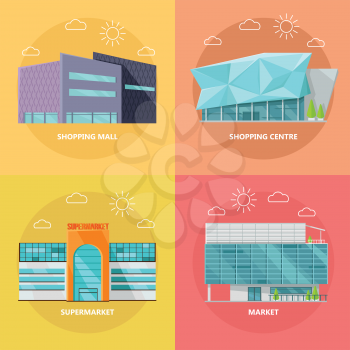 Supermarket icons set. Flat design. Modern commercial building icons collection for web design, app pictogram, banners. Shop, shopping center, mall, business center on color background.