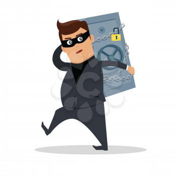 Money stealing concept vector. Flat design. Financial crime, tax evasion, money laundering, political corruption illustration. Robbery. Man in a business suit, in mask carrying a safe on his back.