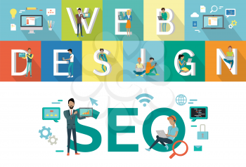 Web design, SEO vector concept. Flat design. Human characters with computers and mobile devices working for content search engine optimization and designin sites. Internet tehnologies.