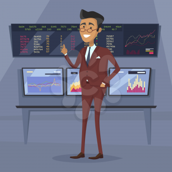 Male character in business suit vector. Flat style design. Team leader, boss, expert, successful businessman illustration. Giving good advice concept. Brokerage trading on the stock exchange.