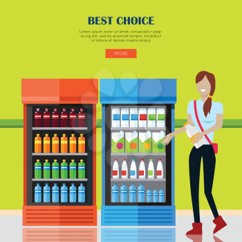Best choice concept. Smiling woman with in supermarket near showcases refrigerators for cooling drinks in bottles. Woman shopping, supermarket shopping, market shop interior. Website template.