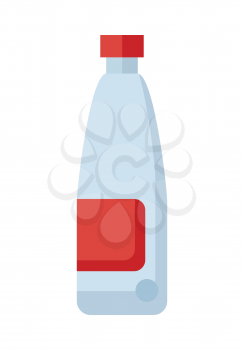 Plastic bottle with red label. Bottle of dairy. Bottle of milk. Plastic bottle icon. Retail store element. Simple drawing. Isolated vector illustration on white background.