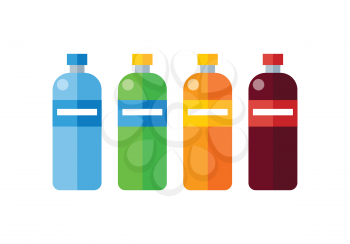 Different colored plastic bottles with labels. Bottle of mineral water. Plastic bottle icon. Retail store element. Simple drawing. Isolated vector illustration on white background.
