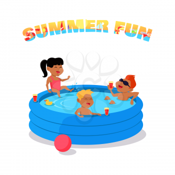 Summer fun conceptual vector. Family holiday with children illustration. Games in the water. Flat style design. Kids swimming and have fun in inflatable pool. Isolated on white background.