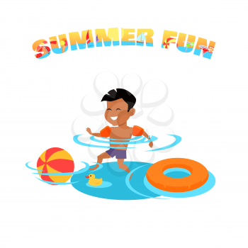 Summer fun concept vector. Family holiday and leisure with children on seacoast. Games in the pool. Flat style design illustration. Kid swimming and have fun in water. Isolated on white background.