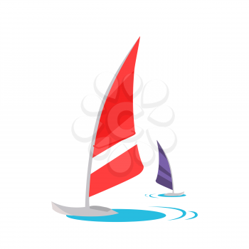 Windsurfing conceptual vector. Flat style design. Active vacation on tropical sunny seaside. Water sport and entertainment. Swimming and windsurfing on the coast Isolated on white background.