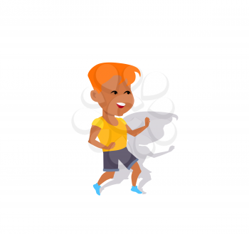 Cheerful child character vector. Flat style design. Smiling red-head boy in t-shirt and shorts jumping. Physical exercise, child activity, dances illustrating. Isolated on white background.