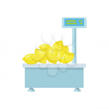 Blue electronic market scale with lemons. Scale icon in flat. Food scale icon. Weight scale icon. Supermarket equipment. Isolated object on white background. Vector illustration.