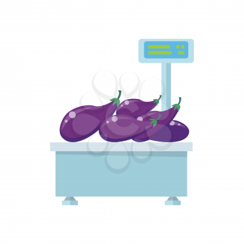 Tray with eggplants on store scales vector. Flat design. Vegetables in supermarket illustration for stores, farms, signboards and ad. Weighing equipment for trade. Isolated on white background.