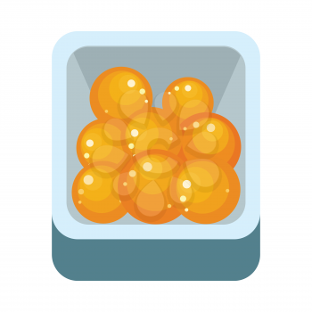 Pile of ripe orange in plastic box. Juicy fresh orange. Tropical fruit. Orange fruit icon. Healthy food element. Orange icon in flat. Isolated vector illustration on white background.