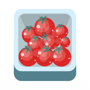Tomatoes in tray vector in flat style design. Grocery store assortment, foods for diet, fresh fruits concept. Illustration for icons, signboards, ad, infographics design. Isolated on white.
