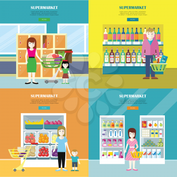 Set of supermarket concept web banners. Flat design. Women, child, man characters near shelves with food, drinks, household chemistry in store. Consumers choice and supermarket assortment illustrating