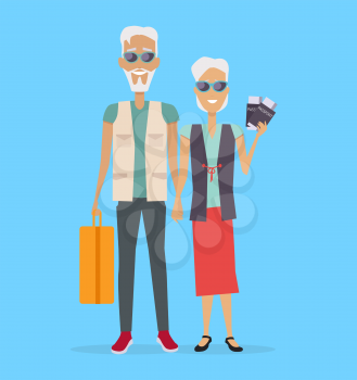 Travel in old age vector concept. Flat design. Elderly couple with baggage and documents going on journey. Grandparents summer vacation. Picture for travel agency ad, recreation retired illustrating.