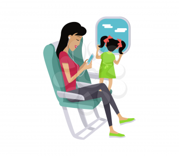 Flight travel concept vector. Flat design. Woman listening music while flight with her little daughter. Comfort traveling with child. Illustration for air companies, travel agencies ad.