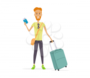 Summer vacation concept. Traveling with baggage illustration. Flat style design. Smiling redheaded man with trolley suitcase holding documents. Isolated on white background.